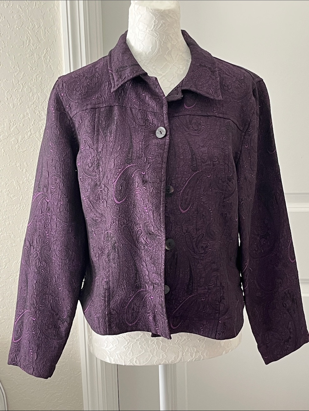 Coldwater Creek Deep Purple Paisley-Embroidered Button Front Jacket NWOT